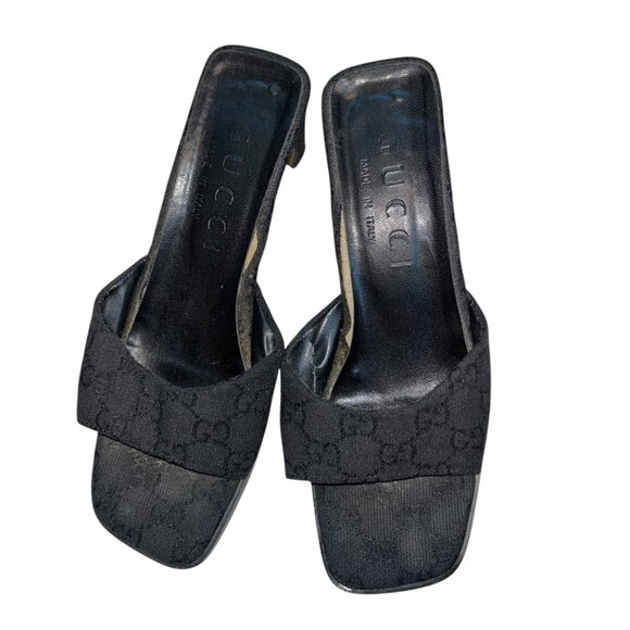 Gucci black Signature logo print heel mule slides 8 1/2 Italy - Picture 1 of 9